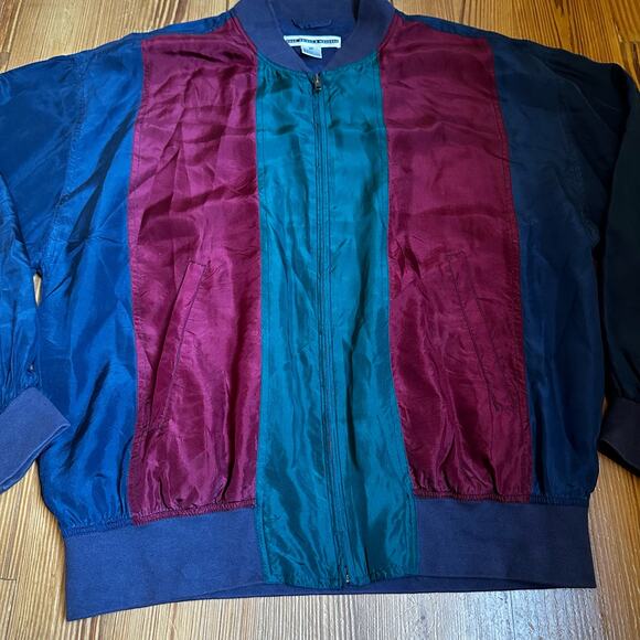 Fenn Wright Manson vintage silk navy red green full zip jacket SIZE M - Picture 1 of 6